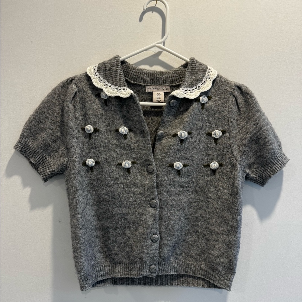 Sincerely Jules Gray Short-Sleeve Cardigan with Lace Collar